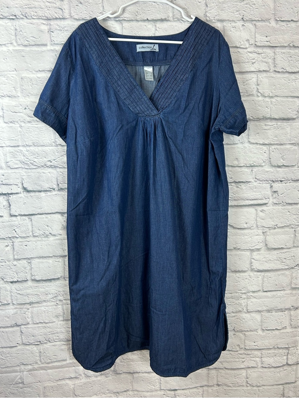 Collection L Denim Chambray Midi Dress Size 18 Pintuck V Neck Short Sleeve